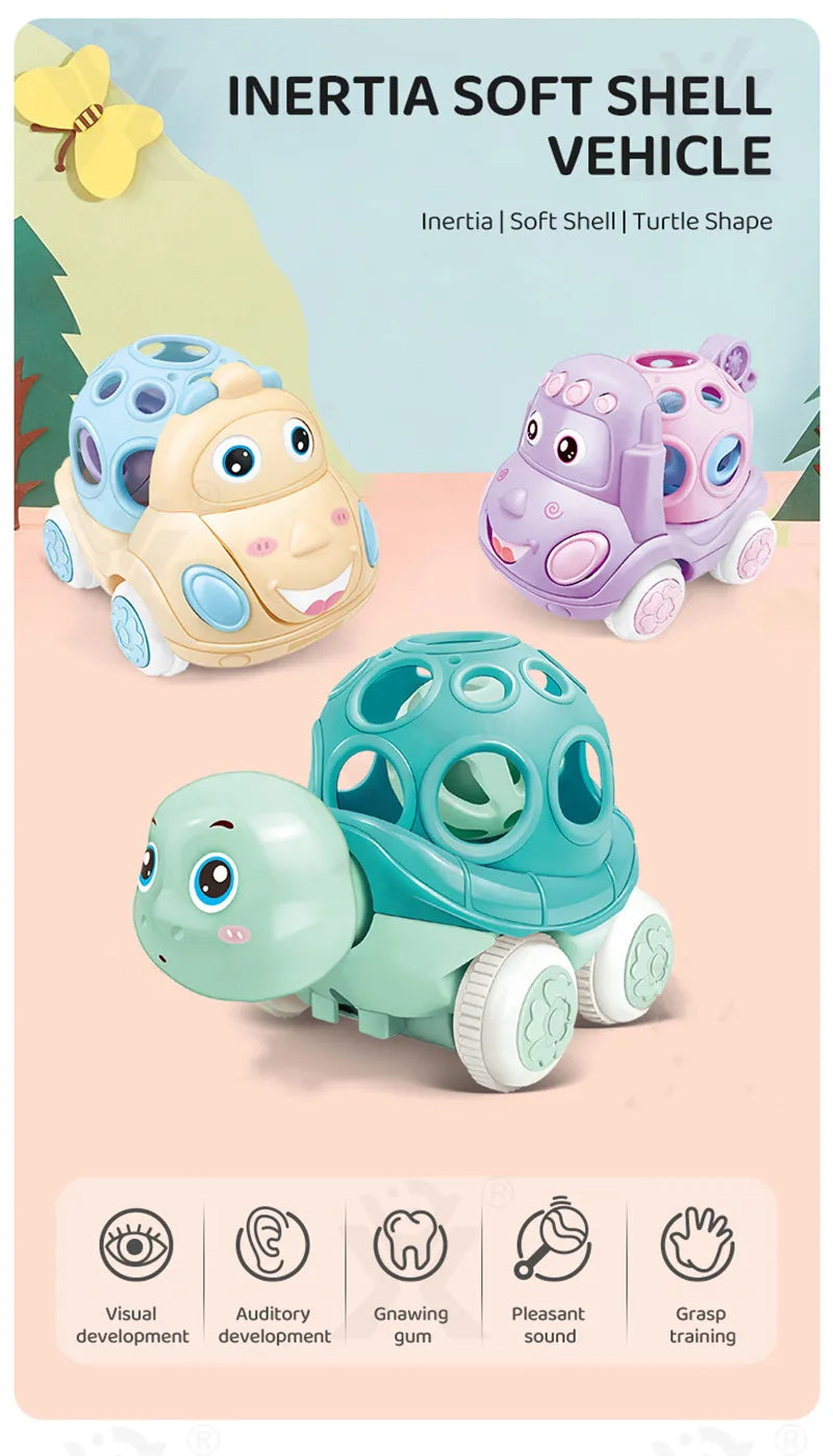 Baby Car Toys for 6 12 Months Friction Car Infant Soft Rubber Inertial Push and Go Vehicles Roll Car Hand Rattle Gift for Kids