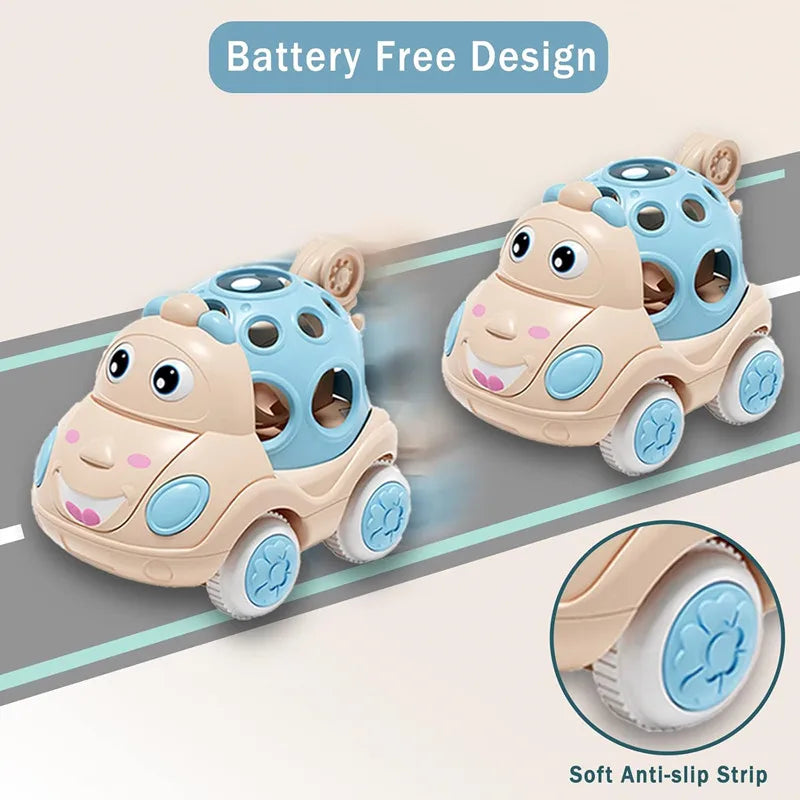 Baby Car Toys for 6 12 Months Friction Car Infant Soft Rubber Inertial Push and Go Vehicles Roll Car Hand Rattle Gift for Kids