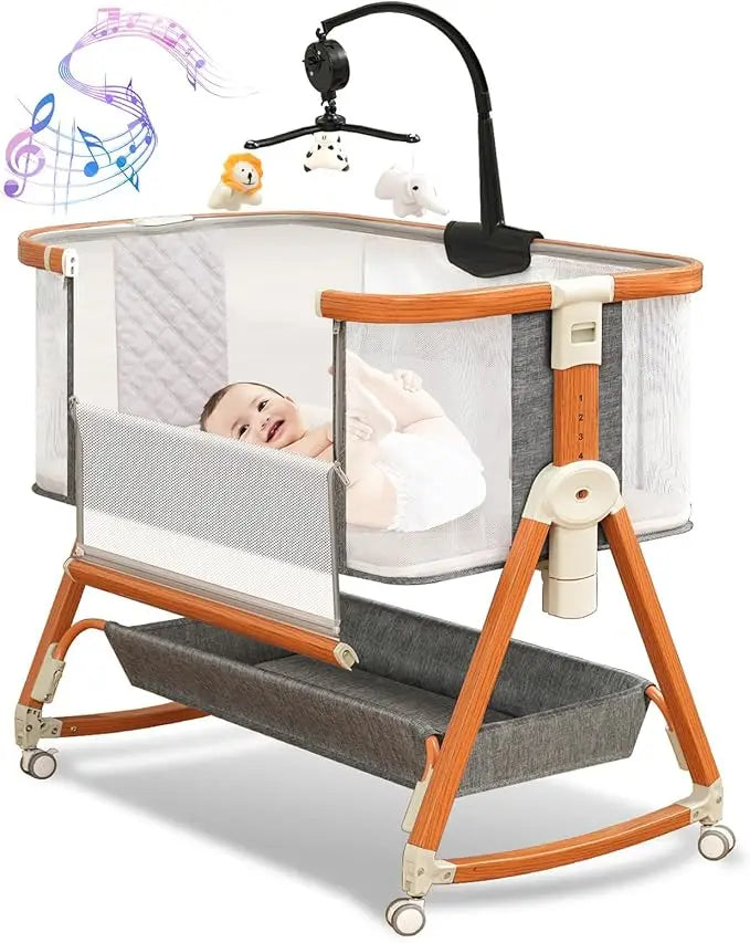 3 in 1 Bassinet,Baby Bassinets Bedside Sleeper with Musical Toy,Adjustable Height Bedside Bassinet for Baby with Wheels and Stor