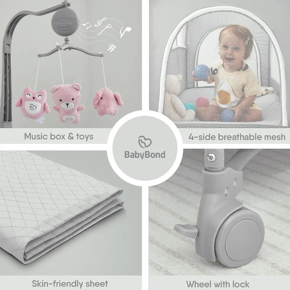 Baby Bassinet Bedside Crib, Pack and Play with Sheet, Diaper Changing Table and Music Mobile from Newborn to Toddles, Portable
