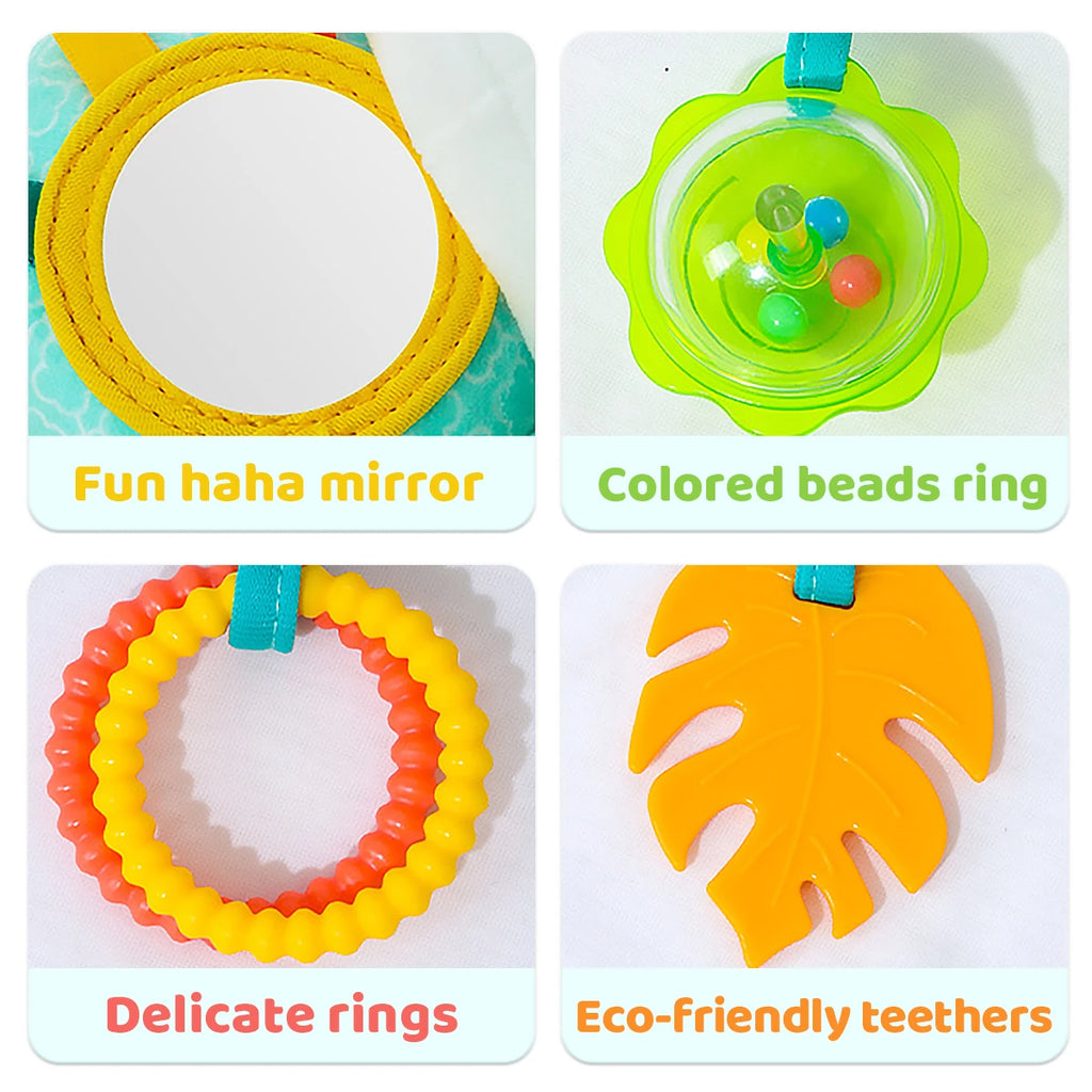 Soft Hanging Crinkle Squeaky Sensory LearningToy Stroller Car Seat Crib Travel Plush Animal Wind Chime with Teether Boys Girls