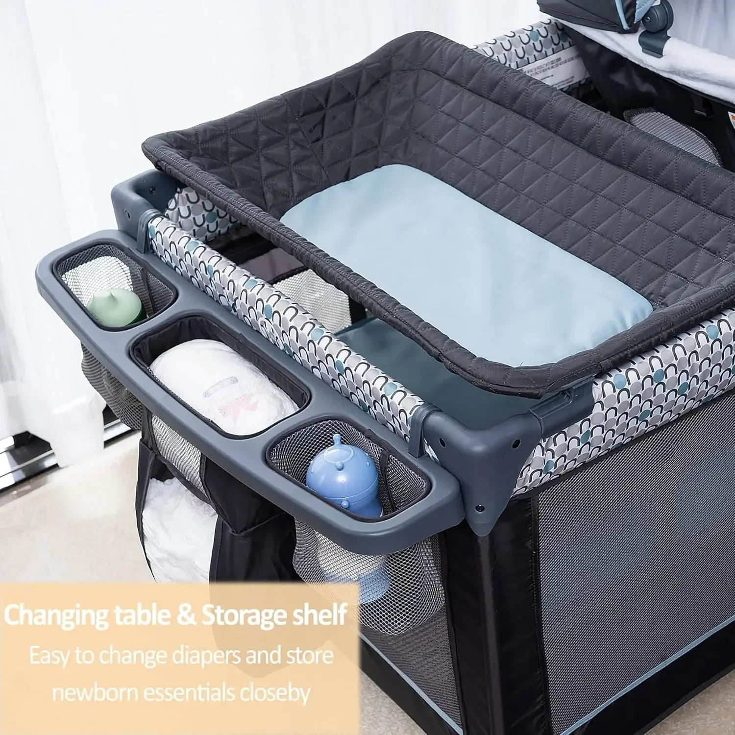 5 in 1 Multifunctional Pack and Play, Foldable Baby Crib with Bassinets,Changing Table,Newborn Napper with Canopy,Diaper Stacker