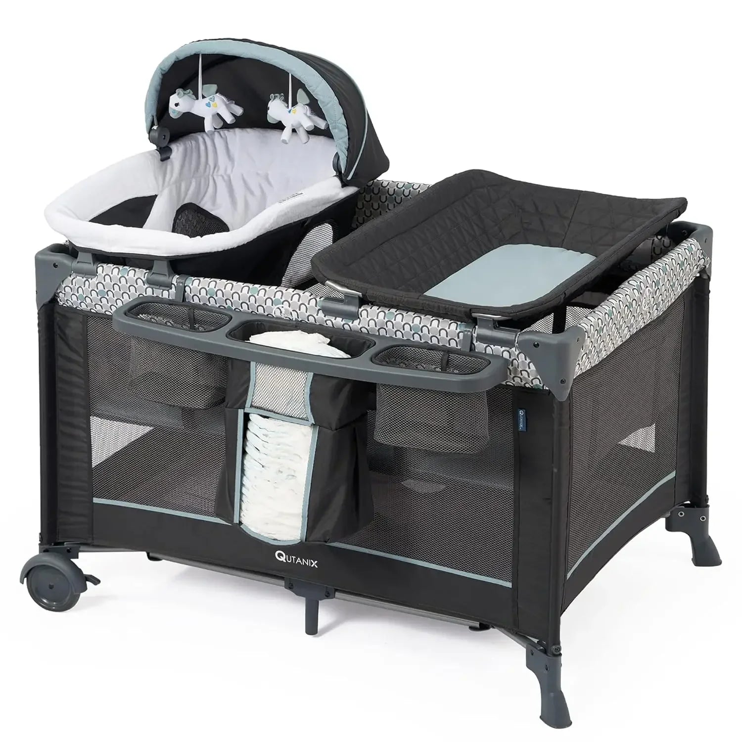 5 in 1 Multifunctional Pack and Play, Foldable Baby Crib with Bassinets,Changing Table,Newborn Napper with Canopy,Diaper Stacker