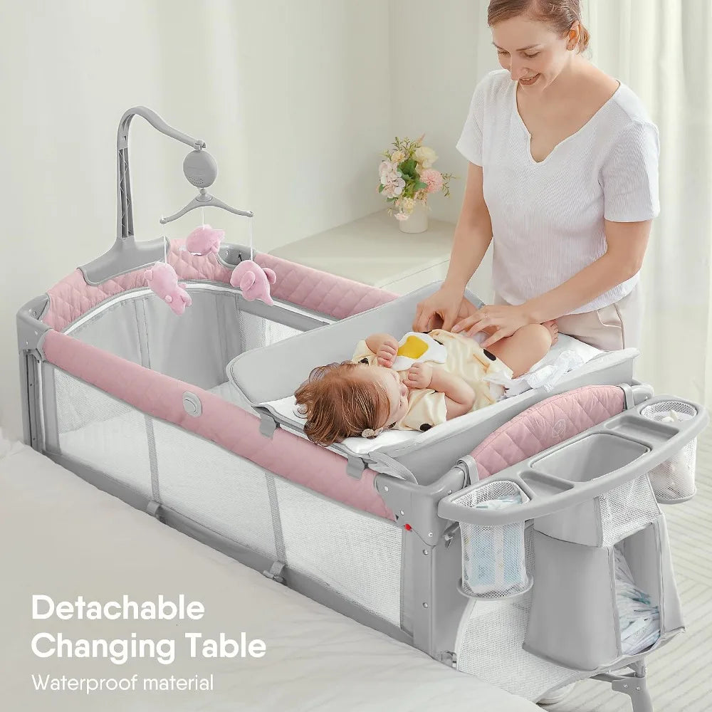 Baby Bassinet Bedside Crib, Pack and Play with Sheet, Diaper Changing Table and Music Mobile from Newborn to Toddles, Portable