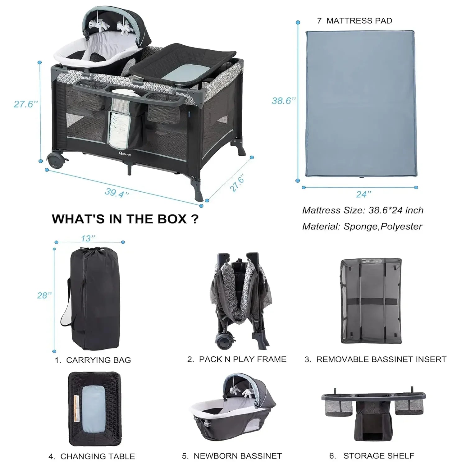 5 in 1 Multifunctional Pack and Play, Foldable Baby Crib with Bassinets,Changing Table,Newborn Napper with Canopy,Diaper Stacker