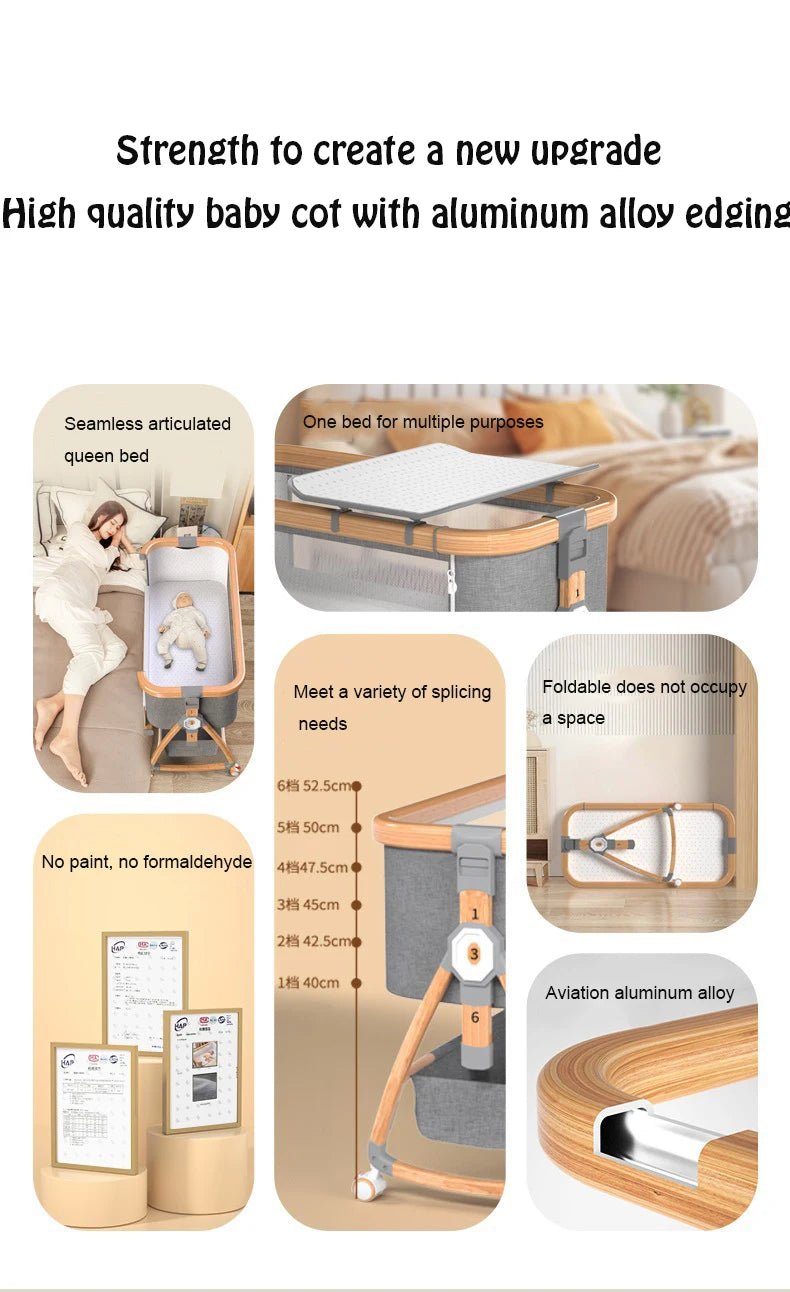 Aluminum Alloy Crib Movable Portable Bassinet Bed Foldable Multifunctional Bb Bed Newborn Patchwork Queen Bed