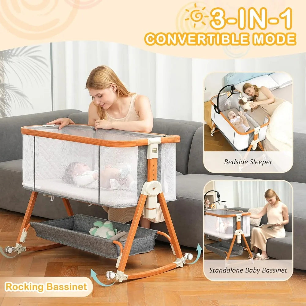 3 in 1 Bassinet,Baby Bassinets Bedside Sleeper with Musical Toy,Adjustable Height Bedside Bassinet for Baby with Wheels and Stor