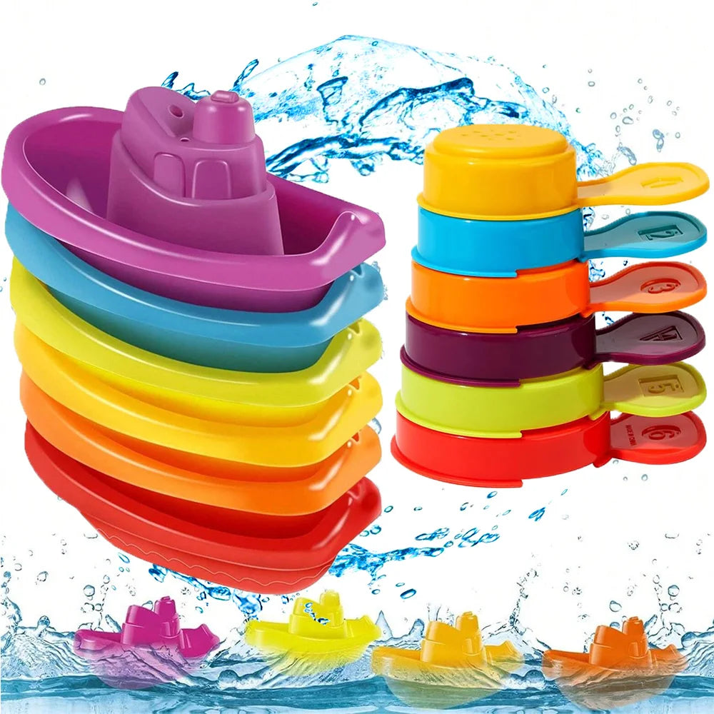 Baby Bath Toys, Stacking Boat & Spoons Toys, Early Education Intelligence Gift, Rainbow Color Stacked Cup Folding Tower Baby Toy