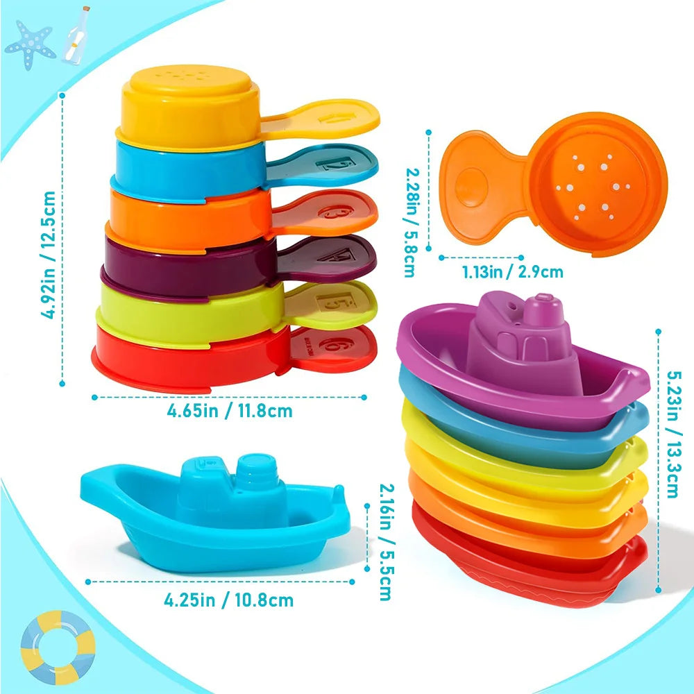 Baby Bath Toys, Stacking Boat & Spoons Toys, Early Education Intelligence Gift, Rainbow Color Stacked Cup Folding Tower Baby Toy