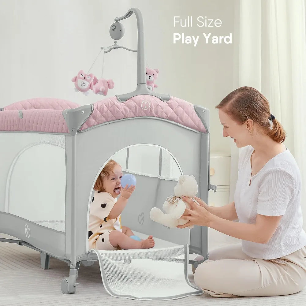 Baby Bassinet Bedside Crib, Pack and Play with Sheet, Diaper Changing Table and Music Mobile from Newborn to Toddles, Portable