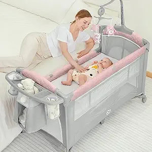 Baby Bassinet Bedside Crib, Pack and Play with Sheet, Diaper Changing Table and Music Mobile from Newborn to Toddles, Portable