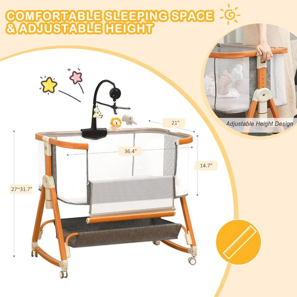 3 in 1 Bassinet,Baby Bassinets Bedside Sleeper with Musical Toy,Adjustable Height Bedside Bassinet for Baby with Wheels and Stor