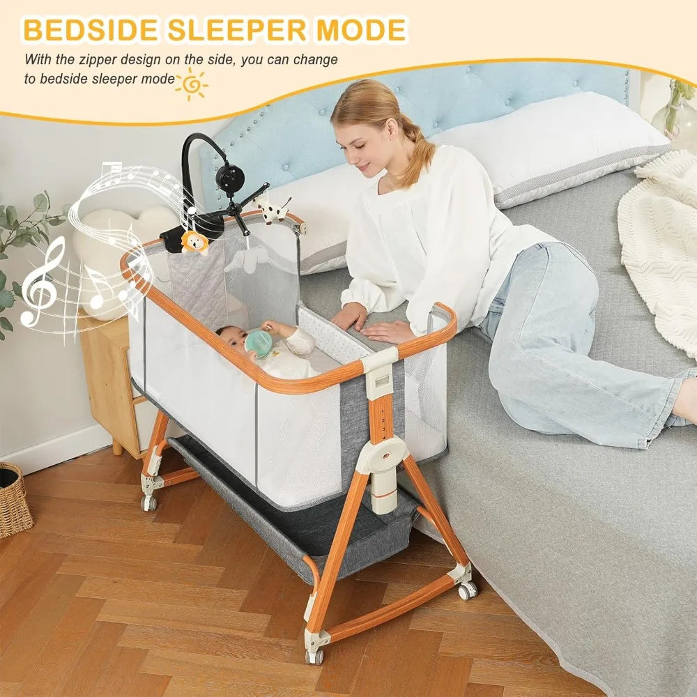 3 in 1 Bassinet,Baby Bassinets Bedside Sleeper with Musical Toy,Adjustable Height Bedside Bassinet for Baby with Wheels and Stor
