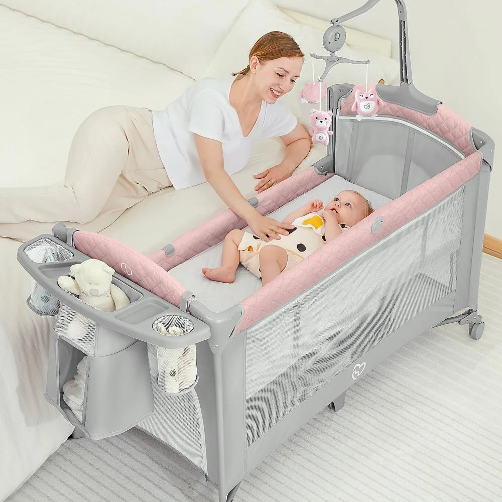 Baby Bassinet Bedside Crib, Pack and Play with Sheet, Diaper Changing Table and Music Mobile from Newborn to Toddles, Portable